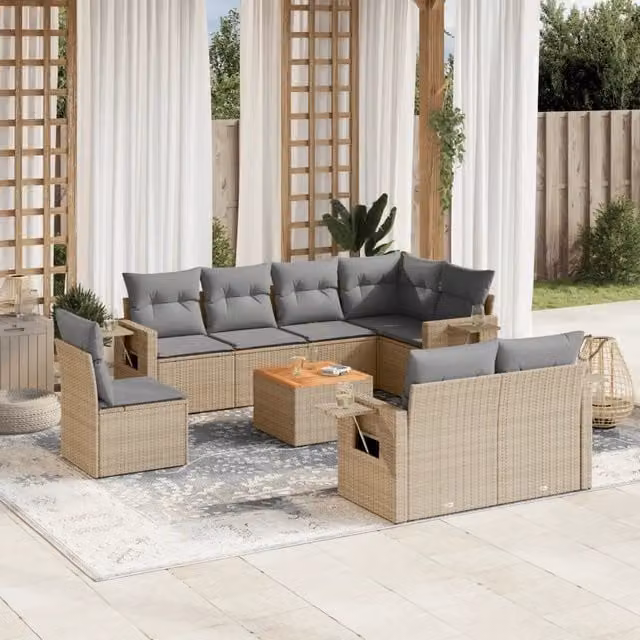 vidaXL Set Divano da Giardino a L in Polyrattan con Cuscini Beige e Grigio e Tavolino da Esterno – 1