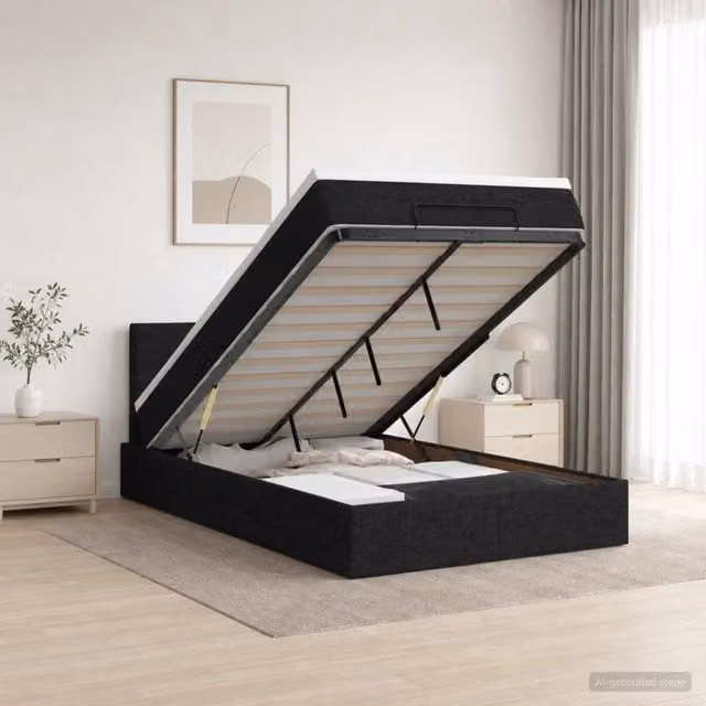 Letto ottomano moderno vidaXL con materasso e contenitore a sollevamento in tessuto nero L 120 x P 200 cm