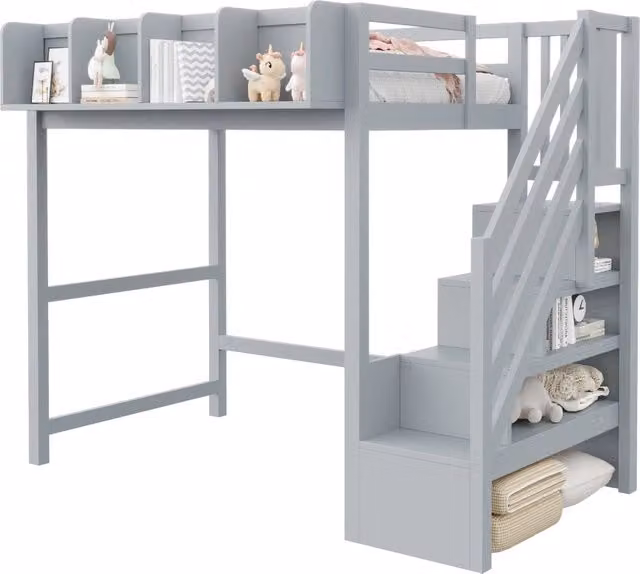 Letto a soppalco singolo REDOM in legno e MDF grigio con illuminazione LED, scala con gradini e vani portaoggetti, L/P/H: 200 x 90 x 170 cm – 1