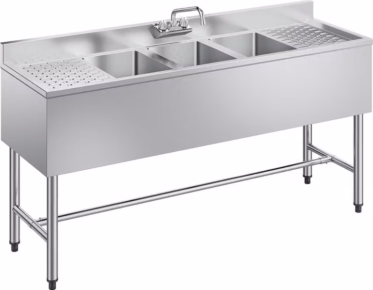 Lavello in acciaio inox - Lavello da ristorazione - Con 3 vasche - Con 2 sgocciolatoi - Con paraspruzzi - Con rubinetto - Dimensioni 152,4 x 47 x 83,8 cm