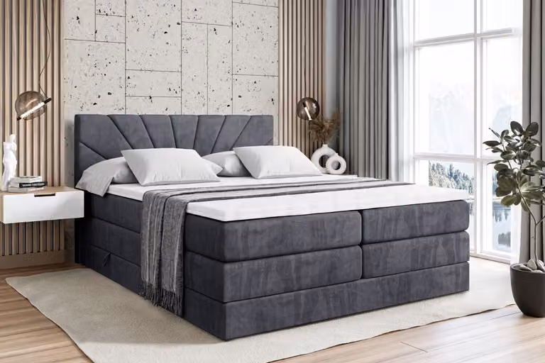 Letto boxspring ALTDECOR con 2 materassi e topper - 140x200 cm - MILTIO KING - Velluto grigio scuro - Letto imbottito con materassi H3 e H4, contenitore e rete a doghe, letto con spazio contenitivo