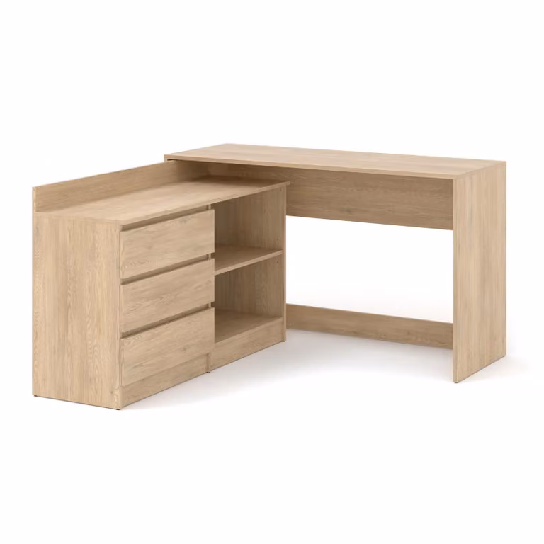 Scrivania angolare da ufficio Homlando, dimensioni 130 x 120 cm, estendibile, con cassettiera a 3 cassetti, finitura noce crema