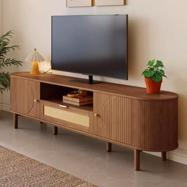 Mobile TV 175x36x51 cm con ante e cassetti; vano aperto in MDF noce