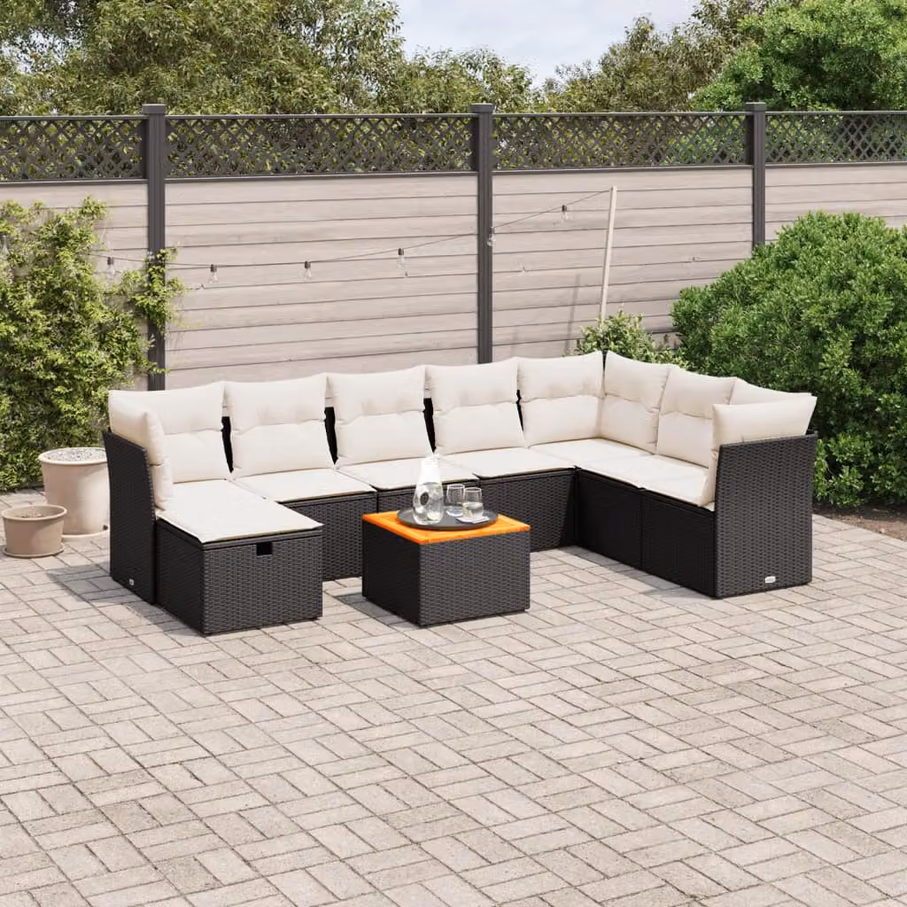 Set di divani da giardino vidaXL 9 pezzi con cuscini in polyrattan nero e struttura in acciaio con tavolino e pouf per esterno – 1