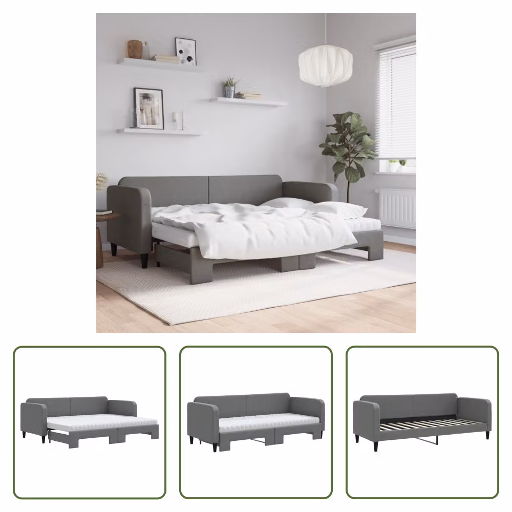 The Living Store Letto da giorno allungabile con materassi grigio scuro 80x200 cm in tessuto