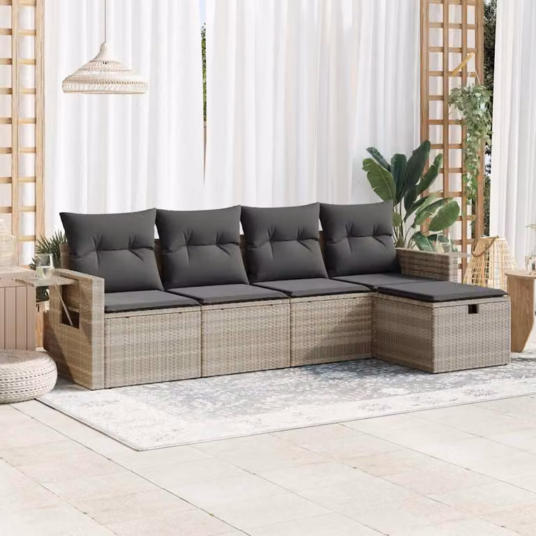 vidaXL Set Divano da Giardino a L in Polyrattan Grigio con 5 Cuscini Imbottiti e Ottoman