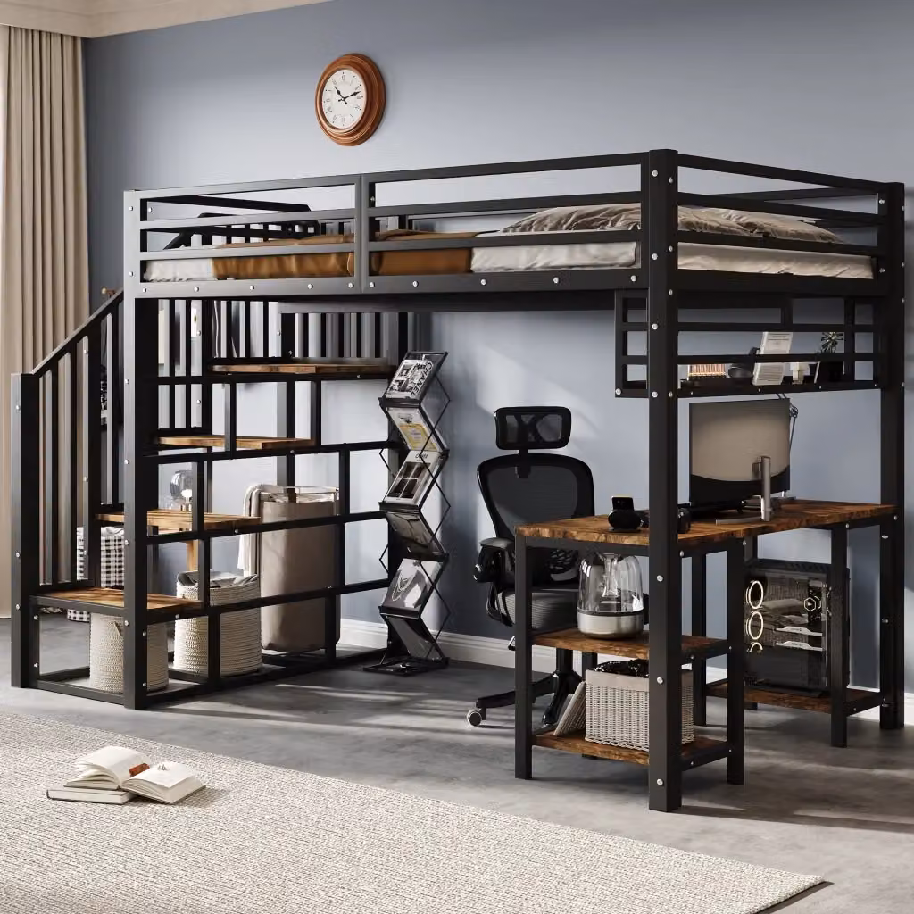 Letto a soppalco MIVRAY con scrivania, scaffale e scala con corrimano, finitura nero e noce scuro, L/P: 120 x 200 cm – 2