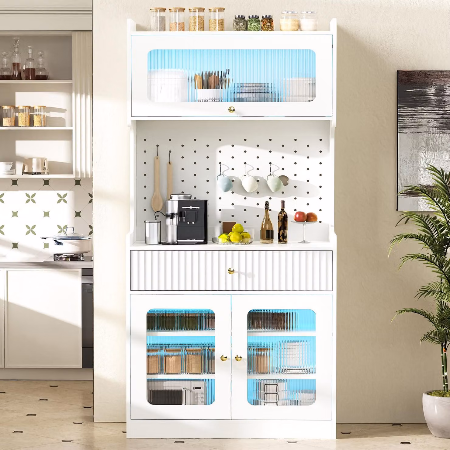 Merax: mobile da cucina con cassetti e 3 ante in vetro, mobile alto con illuminazione a LED, vetrina con ante in vetro. Ideale per sala da pranzo, soggiorno e cucina, bianco