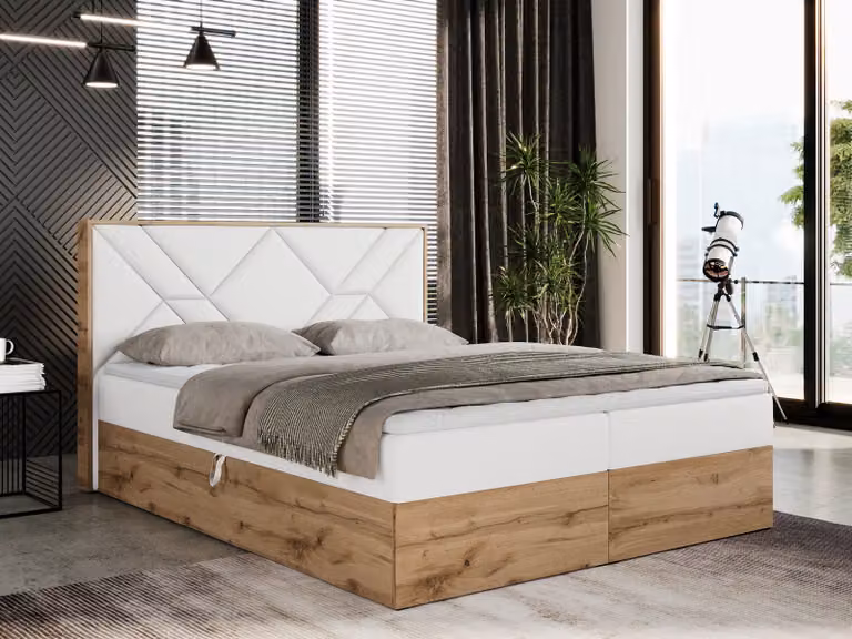 Letto boxspring 140x200 con contenitore, letto imbottito 140x200 con materasso H4, letto boxspring 140x200 con testiera, letto boxspring in legno massello - Gunar - Pelle finta bianca - H4
