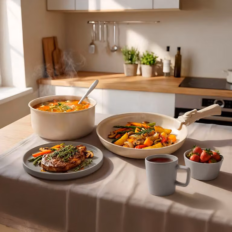 Set iniziale da cucina tectake da 46 pezzi in ceramica grigio e bianco per 6 persone con pentole e padelle in alluminio e silicone