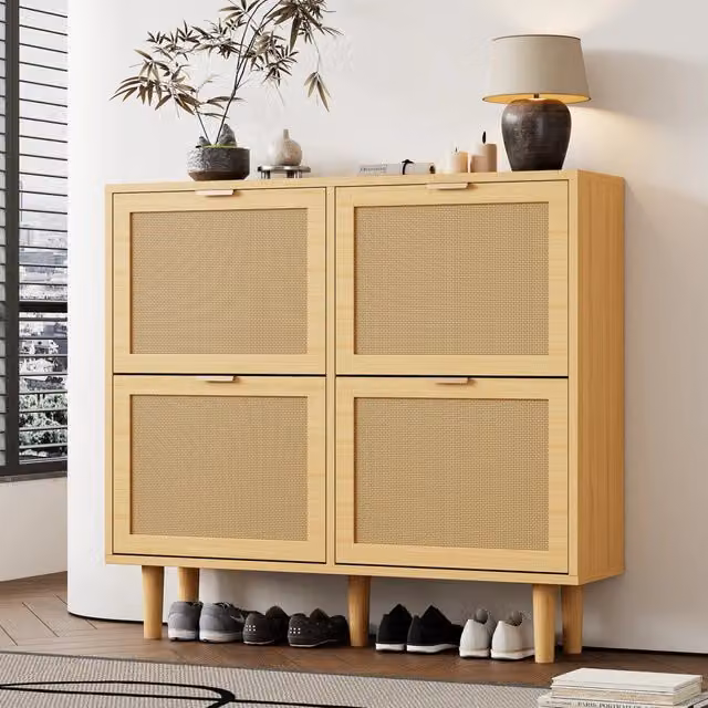 Scarpiera REDOM in stile scandinavo con ante in rattan e finitura rovere, L: 100 cm, P: 25 cm, H: 90 cm