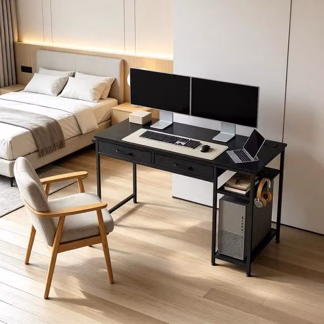 Scrivania moderna Mivray nera con 2 cassetti in tessuto e stazione di ricarica integrata in legno e metallo L/P/H: 120 x 51 x 75 cm – 1