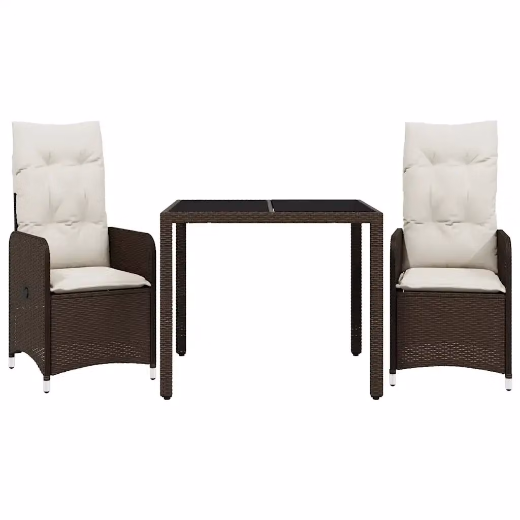 Set Bistrò da Giardino e Balcone 3 pz vidaXL in Polyrattan Marrone con Cuscini Bianchi e Piano in Vetro – 2