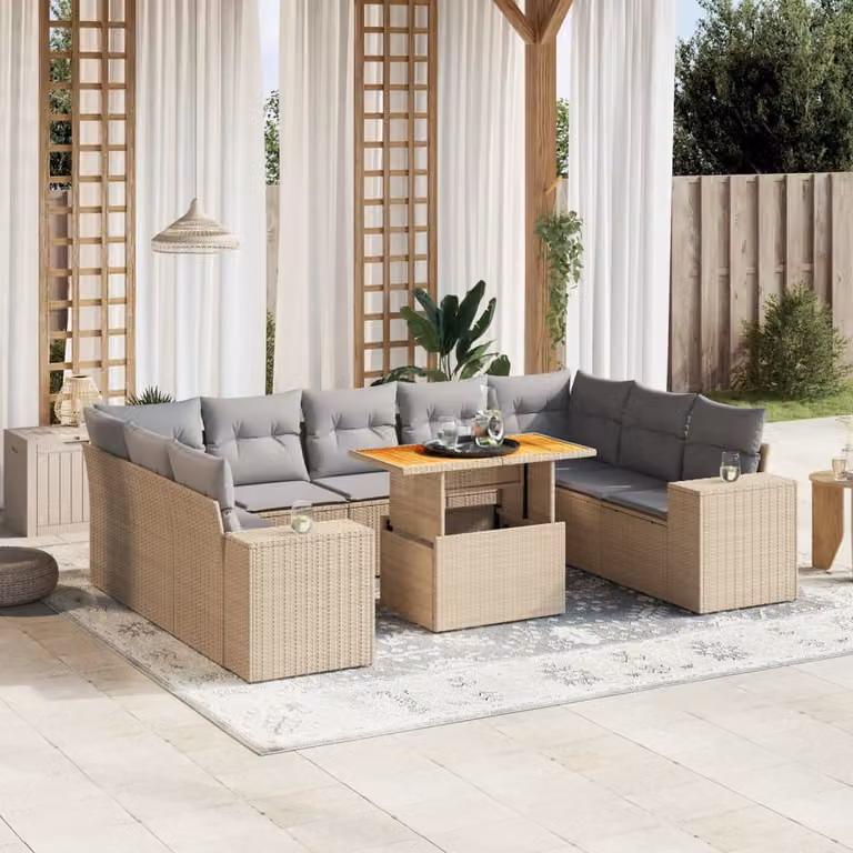 vidaXL Set Divano da Giardino 10 pz a Forma a L con Cuscini Beige e Tavolino, Struttura in Metallo e Legno di Acacia