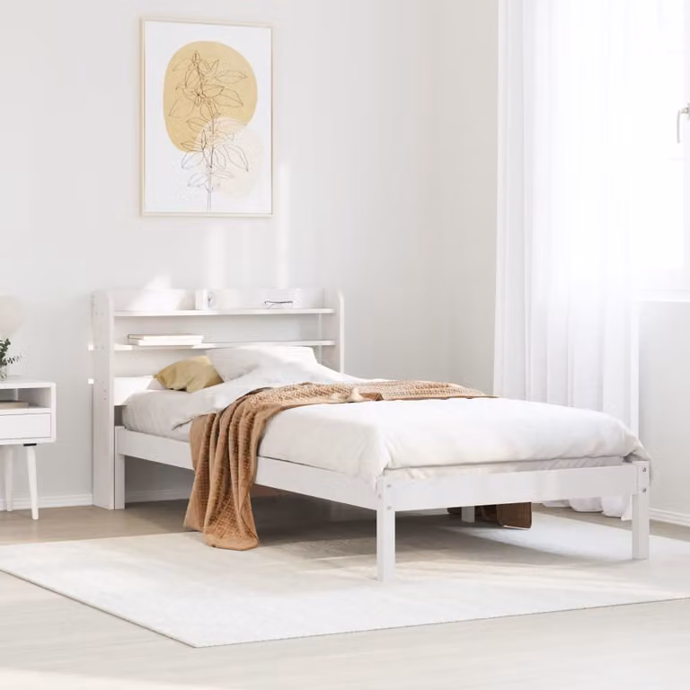 vidaXL Letto per adulti in legno di pino massello bianco con ripiani laterali L 90 x P 200 cm