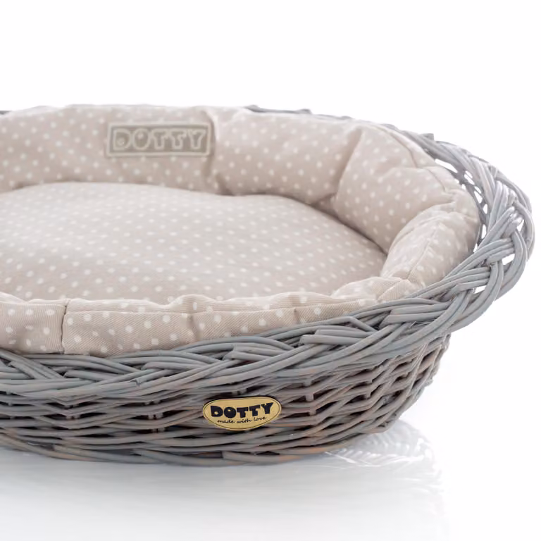 Cesto di vimini grigio dipinto a mano con cuccia in cotone - Beige a pois bianchi - Lavabile e morbido - DOTTY
