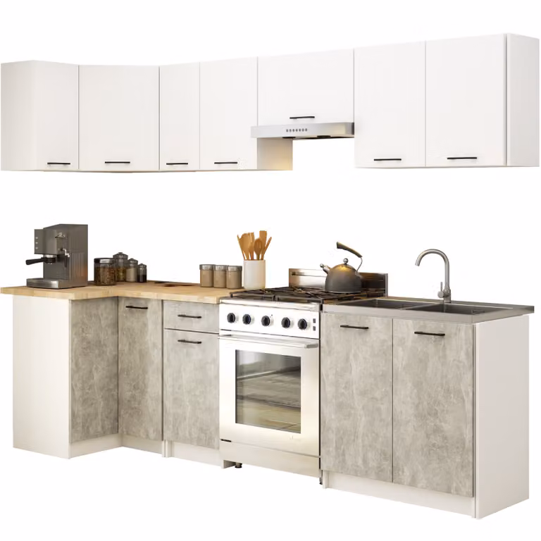 Set da cucina: un cassetto, undici ante, sedici ripiani, colore: bianco cemento