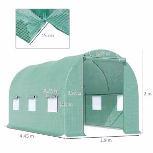 Serra a tunnel WISHDOR con finestre e struttura in acciaio, verde e trasparente, L/P/H: 445 x 190 x 200 cm – 2
