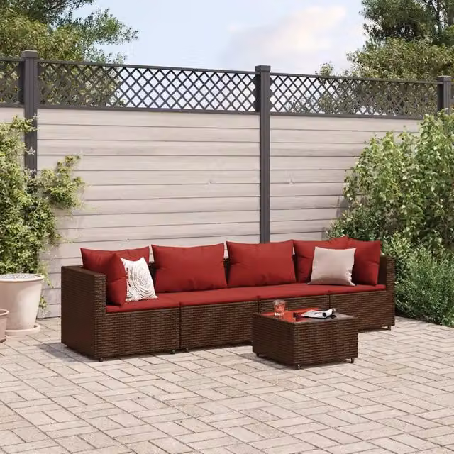 Set Divani da Giardino 5 pz con Cuscini Marrone in Polyrattan 3308013