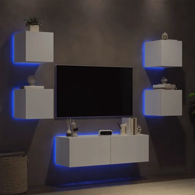 Set di 5 mobili TV da parete vidaXL bianchi con luci LED integrate e finitura lucida per soggiorno – 1