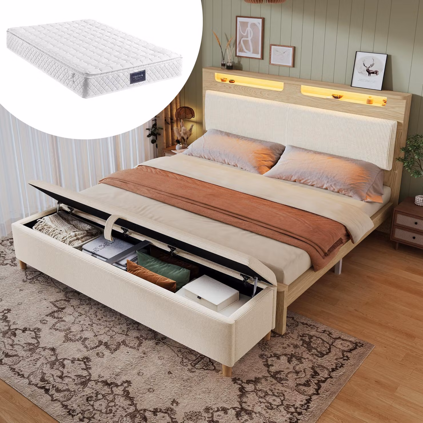 MODFU letti imbottiti 160×200 cm con illuminazione a LED, struttura letto per ragazzi con schienale imbottito in velluto a coste, letto matrimoniale con panca e materasso, beige