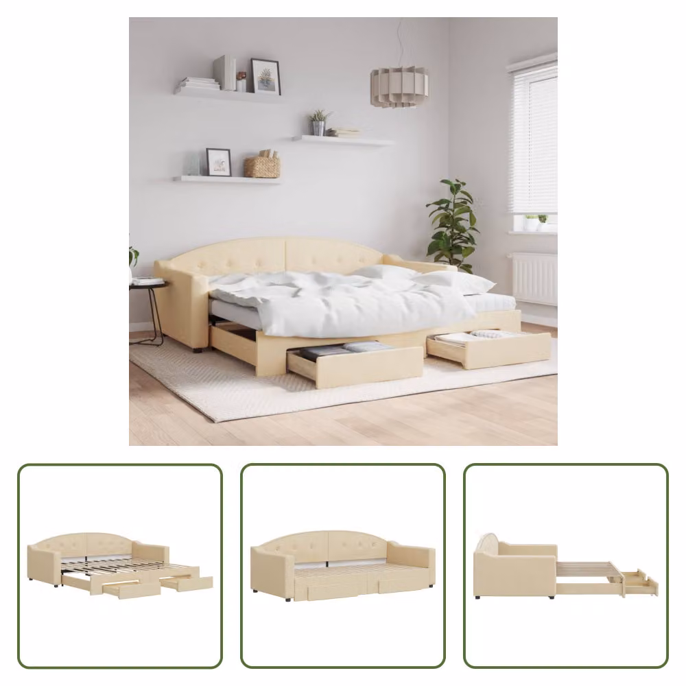 The Living Store letto da giorno allungabile con cassetti crema 90x200 cm in tessuto