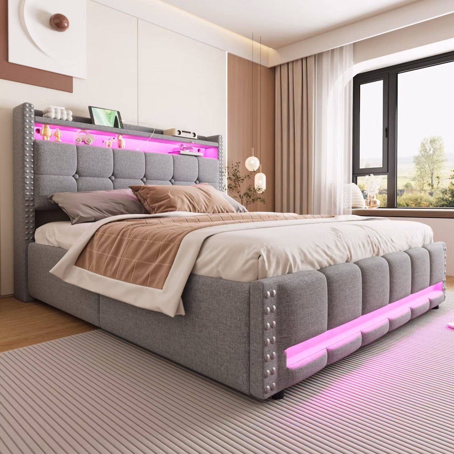 Letto imbottito okwish 160x200 con cassettiera sollevabile idraulica, luci LED, letto per giovani con scomparti aperti, letto matrimoniale, senza materasso, grigio chiaro