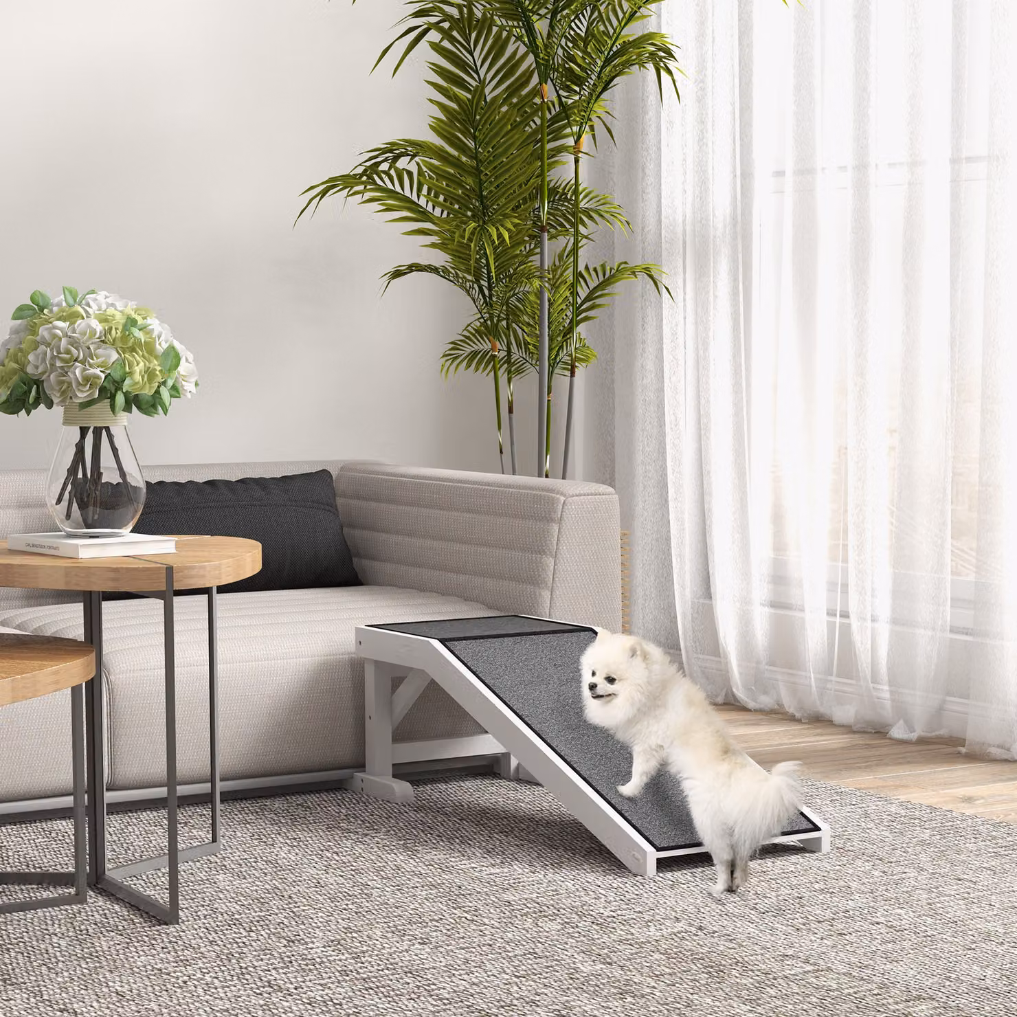 Rampa PawHut per cani piccoli o anziani con tappeto antiscivolo in legno, bianco e grigio – 2