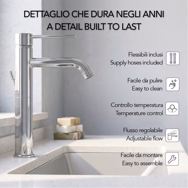 Rubinetto lavabo alto miscelatore cromato maniglia tonda | Salice