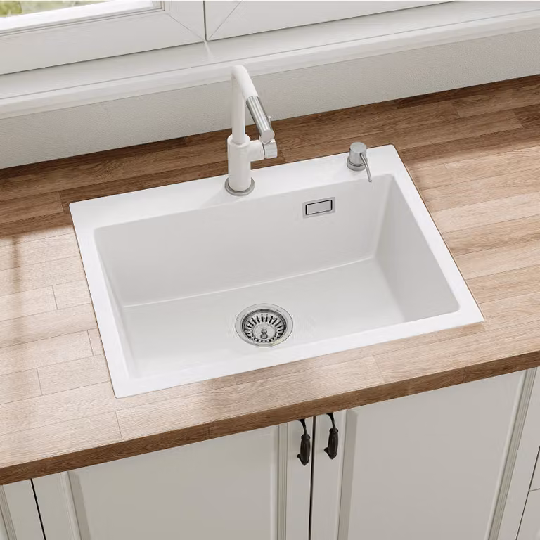 60x45 cm lavello in granito Lavello da incasso - 1 vasca incl. sifone, bianco Lavello con foro per rubinetto Scarico a sifone e set di troppopieno HOROW