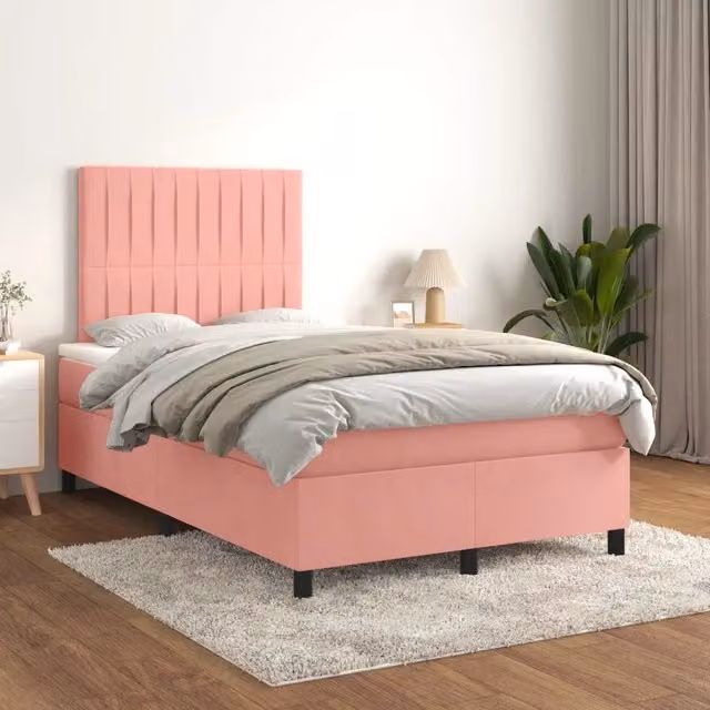 Letto con Giroletto a Molle e Materasso Ibrido vidaXL in Velluto Rosa e Bianco L/P/H: 200 x 120 x 76 cm