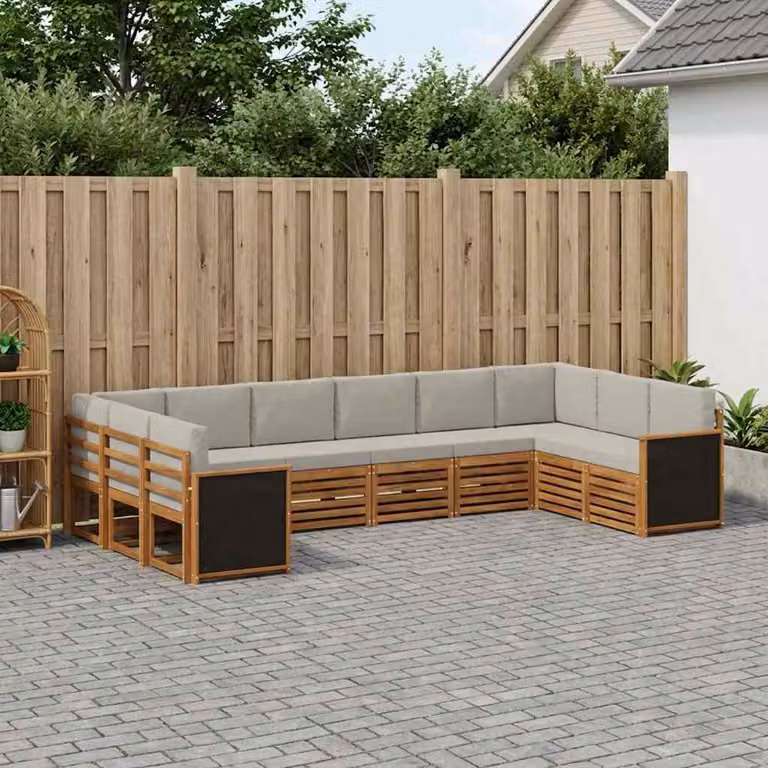 Set di divani da esterno vidaXL a forma di L composto da 7 pezzi in legno di acacia con cuscini in tessuto beige e grigio chiaro