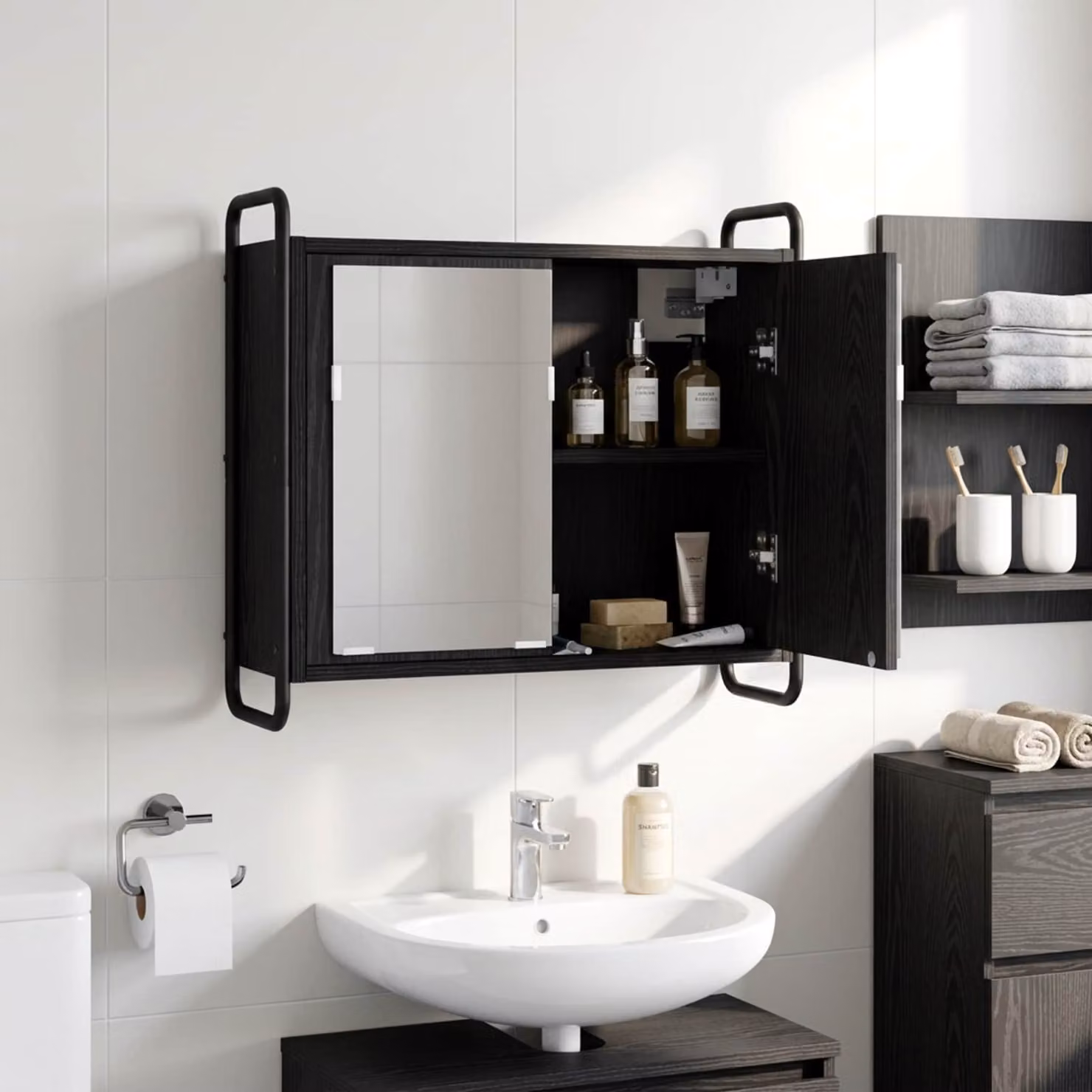 vidaXL Mobile da Bagno Appeso Rovere Nero 64 x 20 x 56,5 cm