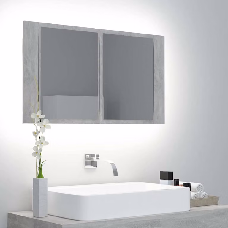 Armadietto a specchio con luci LED vidaXL per bagno, Grigio, L: 45 cm, P: 12 cm, H: 80 cm