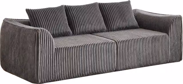 Divano modulare con linee curve, schienale leggermente inclinato e due cuscini, in velluto a coste grigio