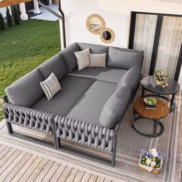 Set salotto da giardino modulare OKWISH in stile moderno con struttura in acciaio grigio, elementi angolari a forma di L e cuscini in olefina grigi con rivestimenti rimovibili