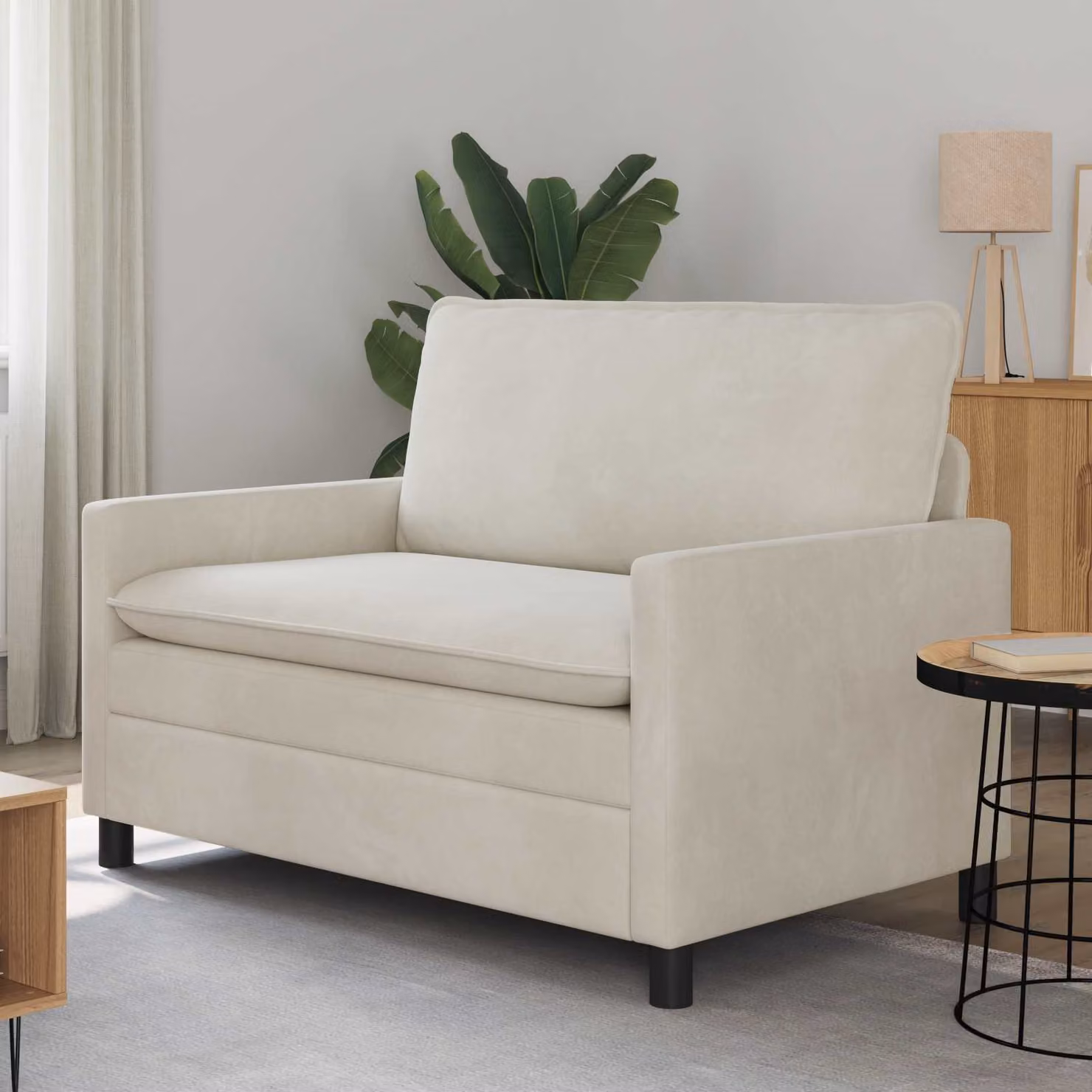 Divano moderno vidaXL in velluto beige con struttura in metallo L: 126 cm, P: 81 cm, H: 87,5 cm