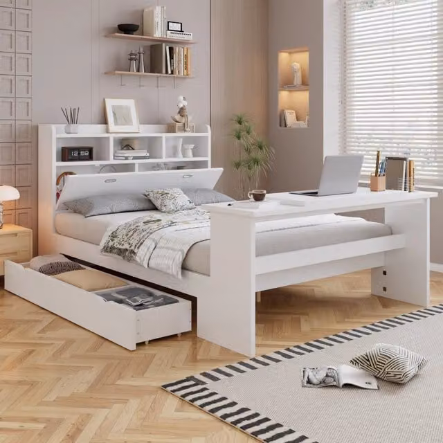 Letto 140x200 cm con cassetto; tavolino pieghevole; legno bianco