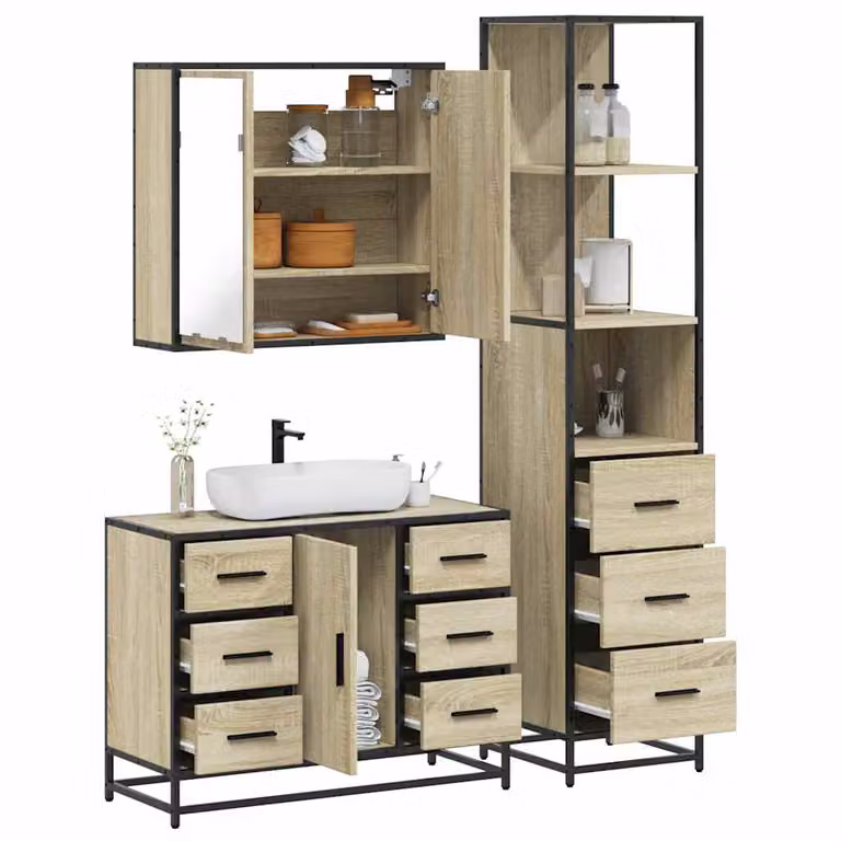 Set di mobili da bagno industrial vidaXL in legno e metallo marrone composto da 3 pezzi: mobile lavabo, armadietto con specchio e colonna alta (L: 80 cm, P: 33 cm, H: 60 cm)