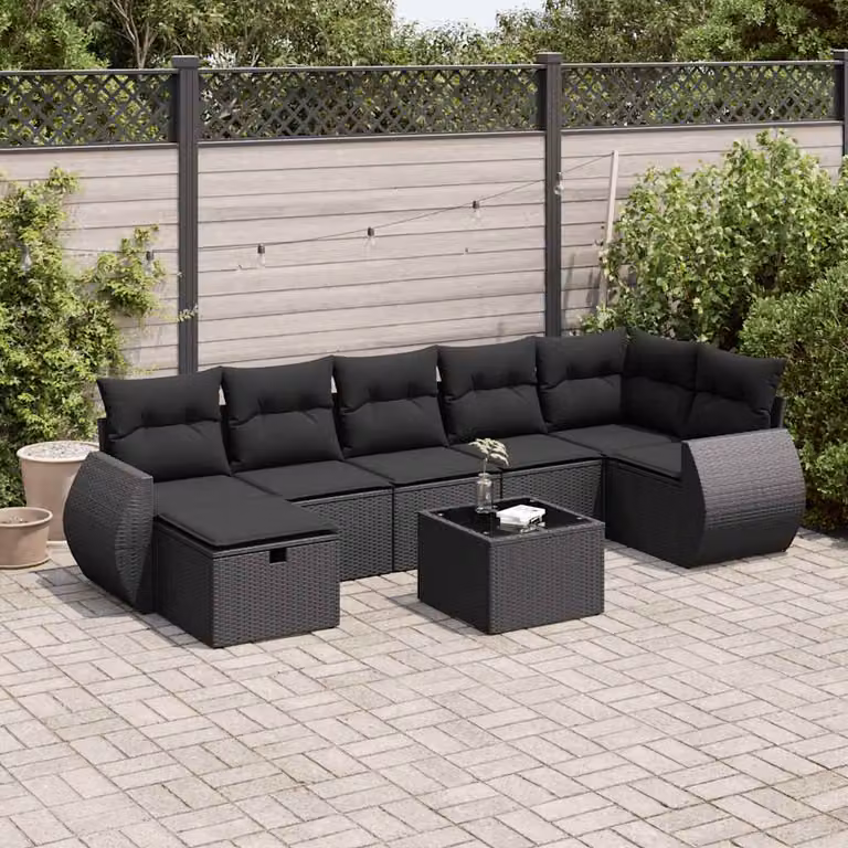 Set Divani da Giardino vidaXL a Forma di U in Polyrattan Nero con 8 Pezzi e Cuscini