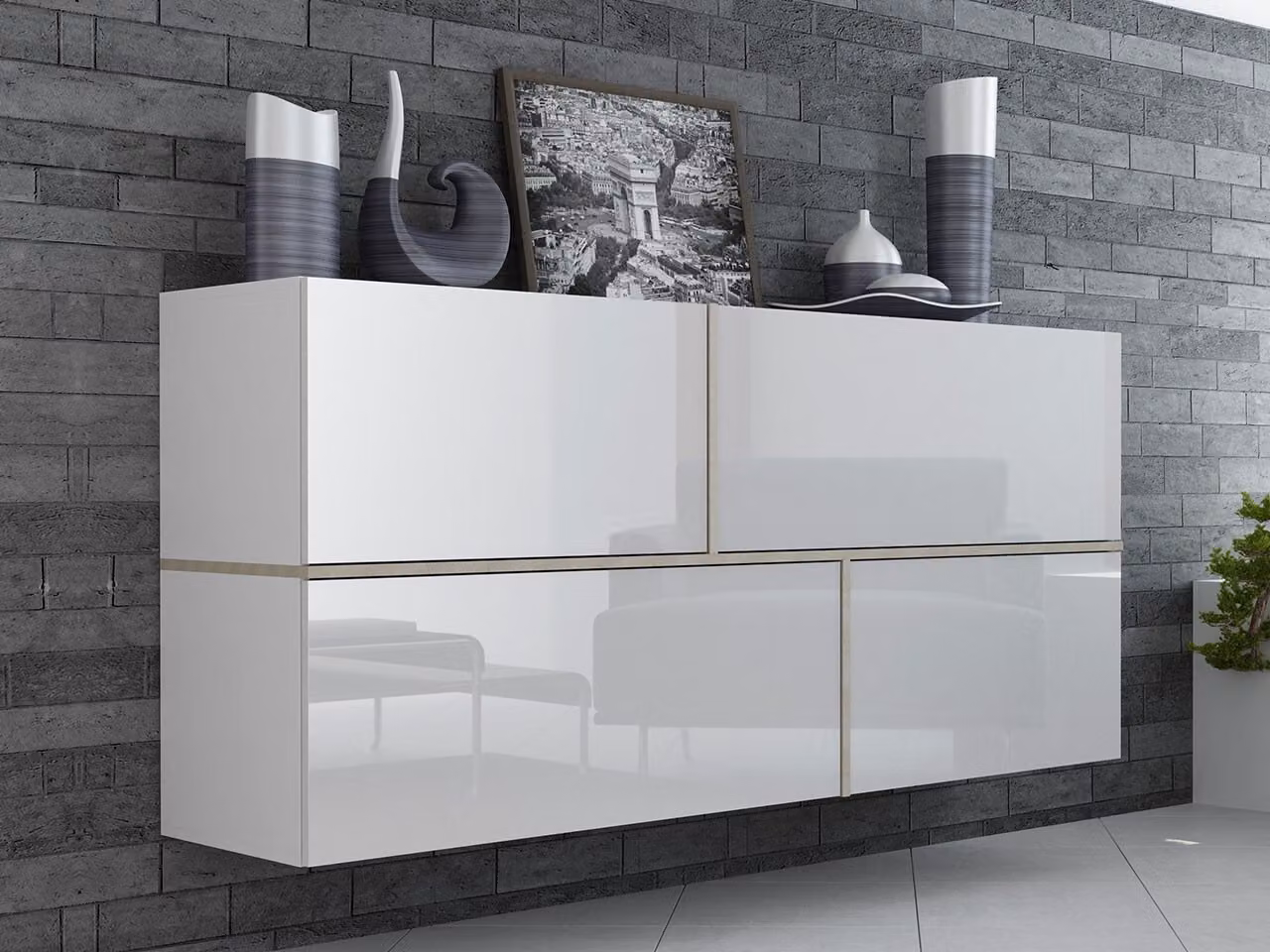 Cassettiera sospesa BETANIA – bianco / bianco lucido / rovere sonoma