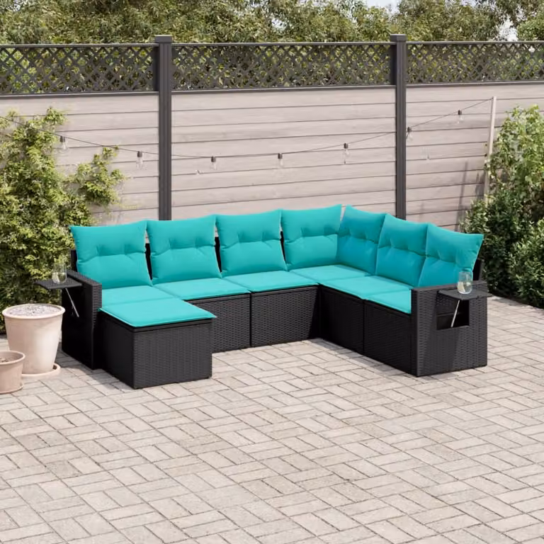 Set di divani da giardino vidaXL in polyrattan nero con cuscini, componibile a forma di U per terrazza e giardino