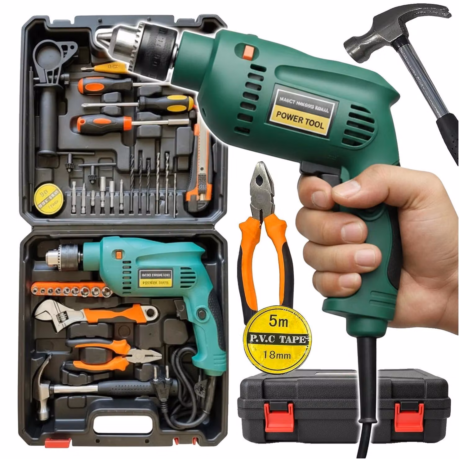 Trapano avvitatore a percussione, 550W, set di accessori da 37 pezzi, alimentazione a rete, motore a spazzole,