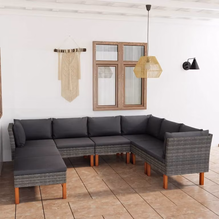 The Living Store Set salotto da giardino 8 pezzi con cuscini in poly rattan grigio