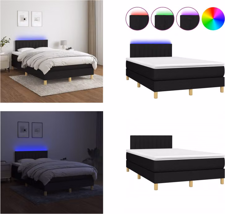 vidaXL Letto a molle con materasso e LED in tessuto nero 120x200 cm - Letto a molle - Boxspringbetten - Bett - Schlafzimmermöbel