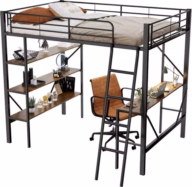 Letto a Soppalco Singolo Chicfurn con Scrivania e 3 Scaffali, Metallo e MDF, Nero, L/P: 90 x 200 cm