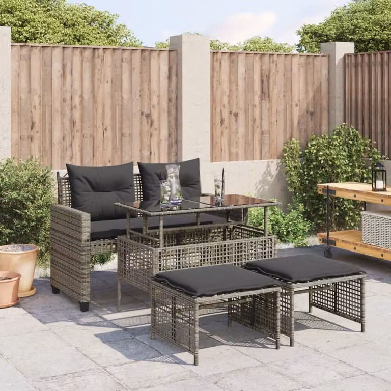 Set da giardino vidaXL composto da 4 pezzi in polyrattan grigio con cuscini e tavolino da esterno in vetro e metallo
