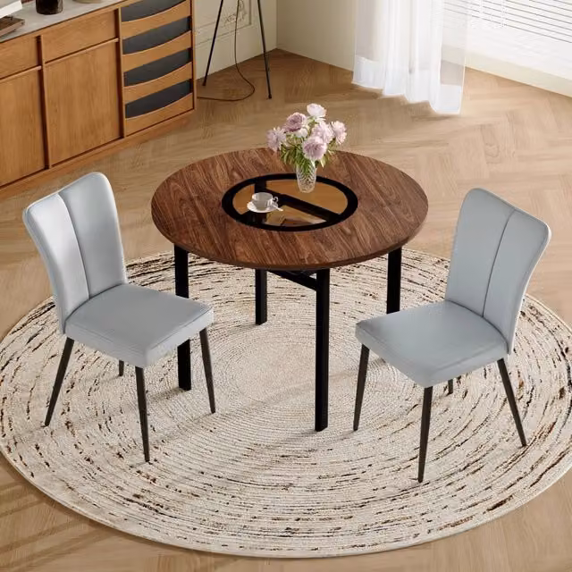 Set tavolo e sedie con tavolo rotondo e 2 sedie, in MDF, vetro, metallo e similpelle marrone, nero e grigio chiaro