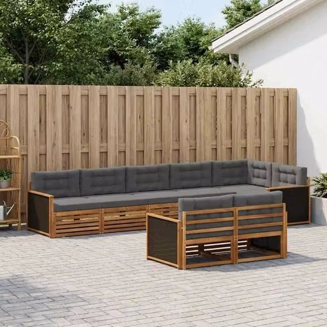Set di divani da esterno a L vidaXL in legno di acacia con cuscini, colore marrone e antracite – 1