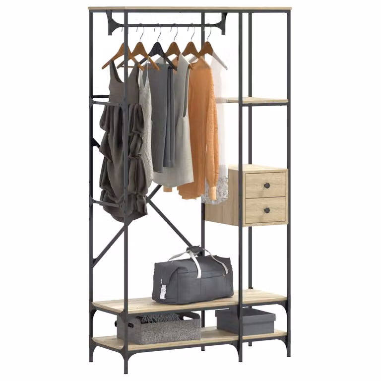 vidaXL Appendiabiti con Scaffali in Legno Multistrato e Metallo, Rovere e Nero, L: 180 cm, H: 97 cm, P: 40 cm
